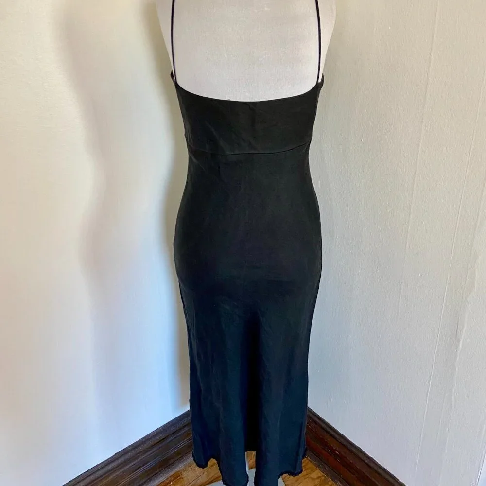 VTG 90s 2000 y2k Black Maxi Midi 100% Linen Milk Maid Dress Potrait Tie Sun Med - Picture 15 of 15